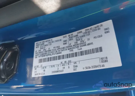 2020 Ford F-150 из США, поврежденный, VIN 1FTEW1ETOLFC72694